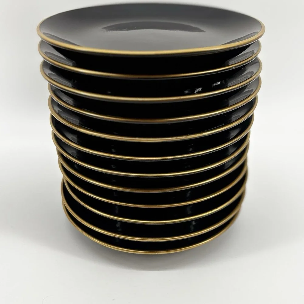 Vintage Japanese Lacquerware 6.5 Inch Plates Black Gold Trim Set Of 12 Sushi